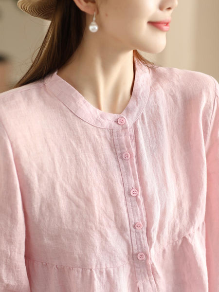 Women Retro Solid Spring Pullover Linen Shirt KL1030 Ada Fashion