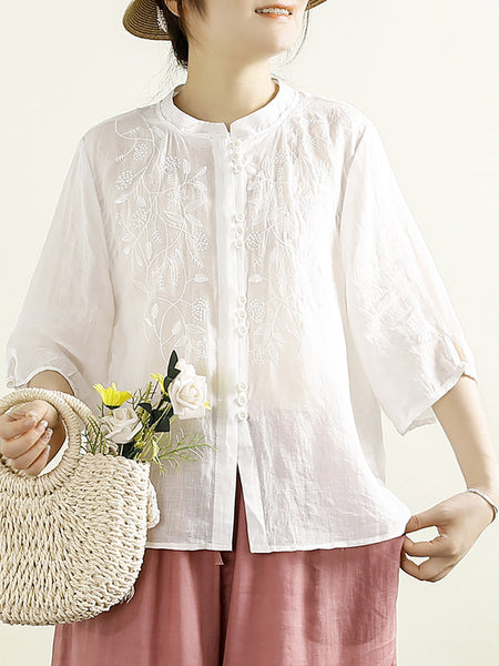 Women Summer Artsy Embroidery Button Ramie Shirt II1043 BUYKUD