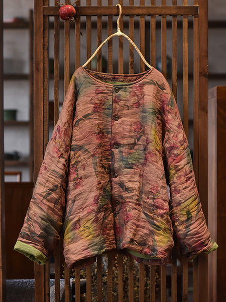 Women Vintage Winter Flower Ramie Padded Coat AX1018 Genistyle Shop
