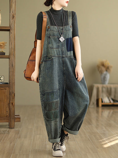 Women Retro Patchwork Loose Washed Denim Jumpsuits AH1080 JJX