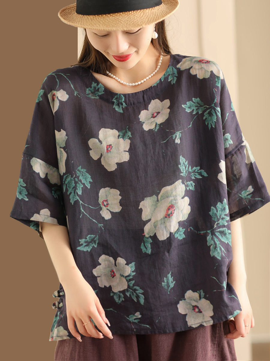 Women Artsy Floral Summer Ramie Pullover Shirt KL1016 Ada Fashion