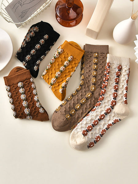 5 Pairs Women Autumn Artsy Flower Jacquard Socks RR013 BUYKUD