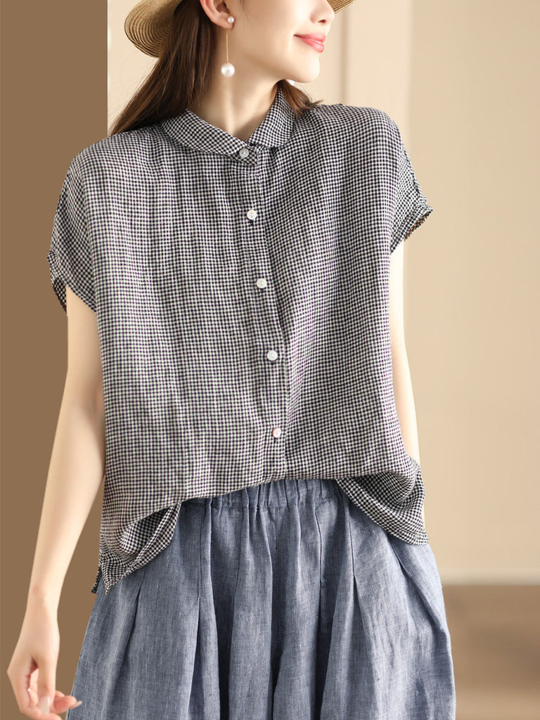Plus Size Women Vintage Solid 100%Linen Button-up Shirt WE1048 Ada Fashion