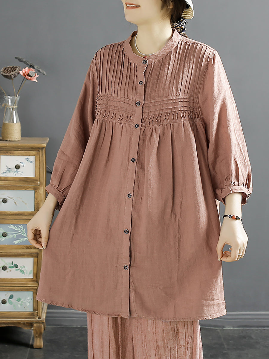 Women Artsy Summer Shirred Solid Linen Shirt SC1058 Ada Fashion