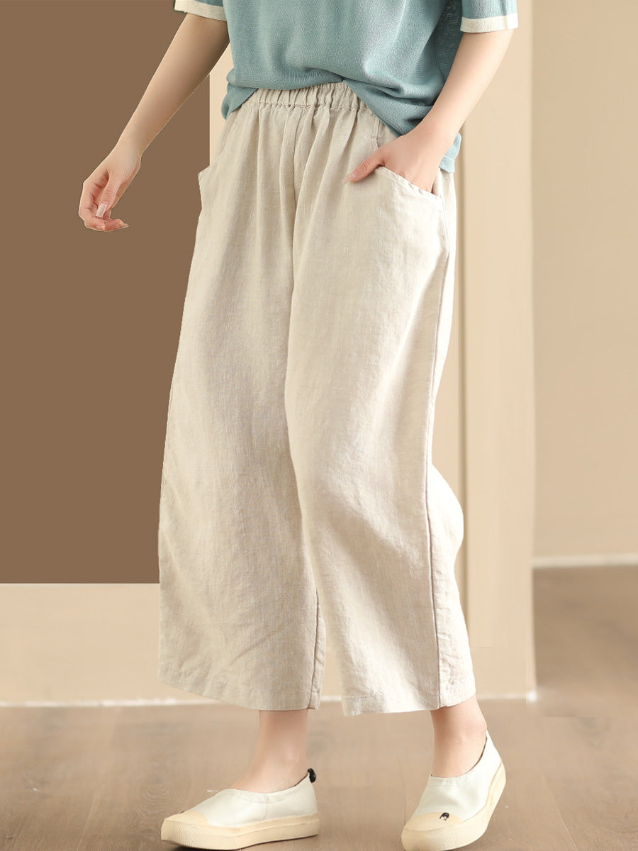 Women Summer Vintage Solid Linen Wide-leg Pants AA1017 Ada Fashion