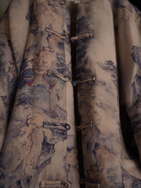 Women Autumn Vintage Print Button Stand Collar Ramie Coat AT1053 BUYKUD