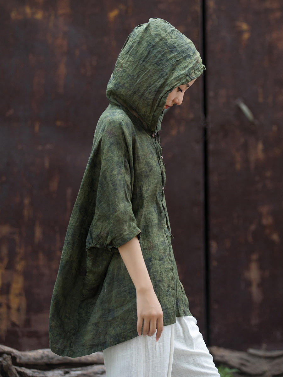 Women Summer Retro Solid Loose Hooded Ramie Shirt CC045 BXF