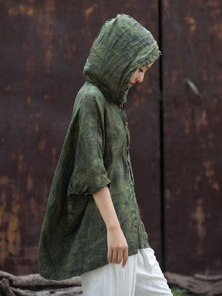 Women Summer Retro Solid Loose Hooded Ramie Shirt CC045 BXF