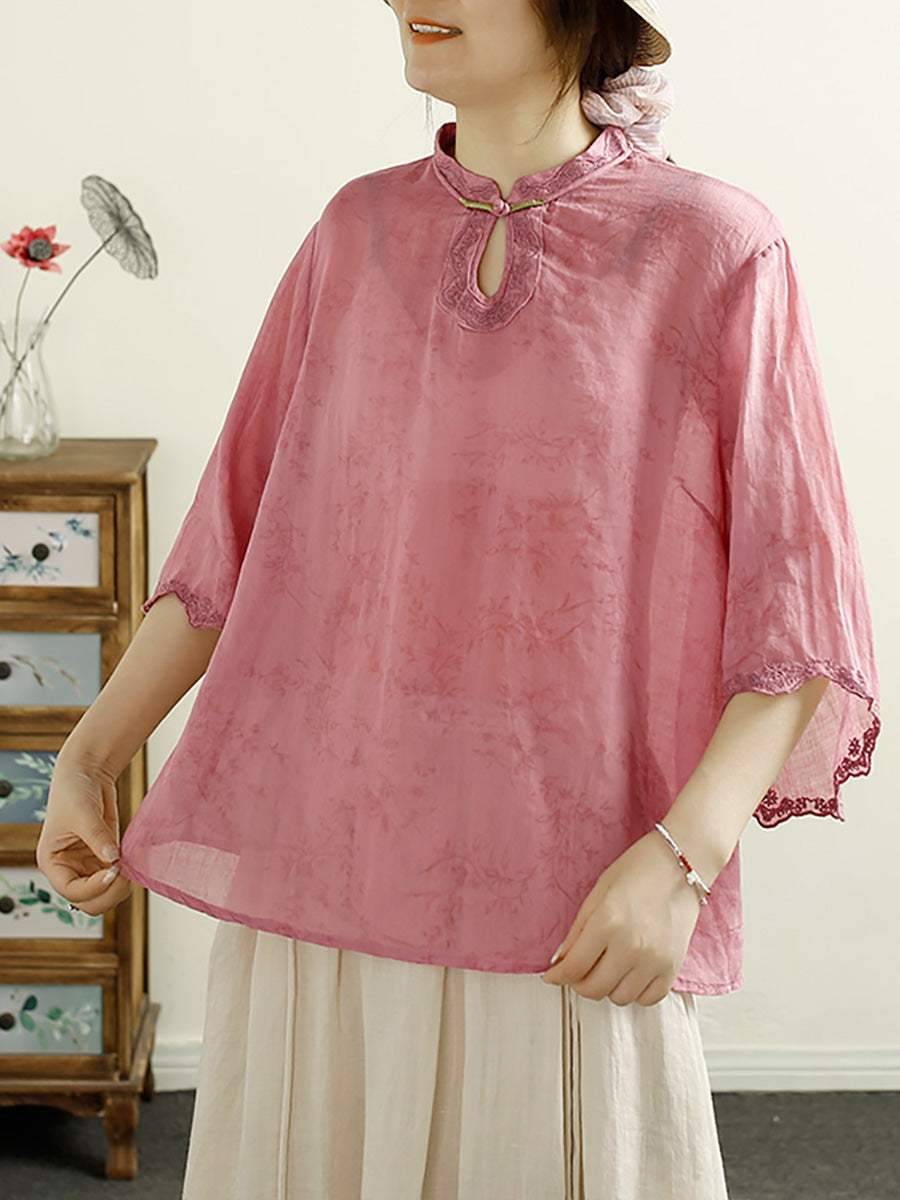 Women Summer Ethnic Floral Embroidery Thin Ramie Shirt HH041 LSFZ