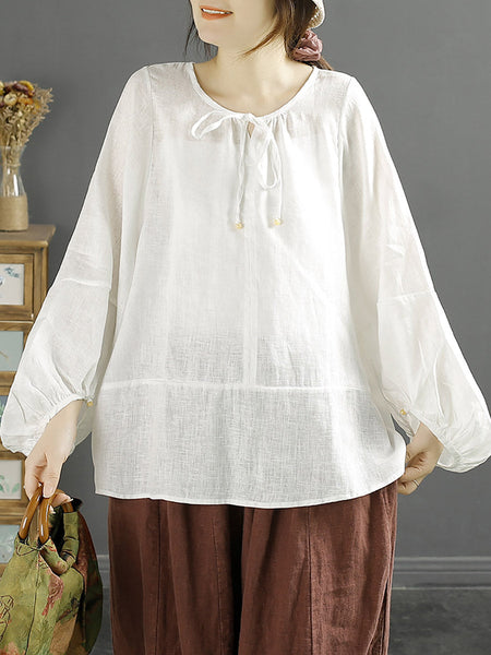 Plus Size Women Autumn O-Neck 100%Linen Loose Blouse AK1001 Genistyle Shop