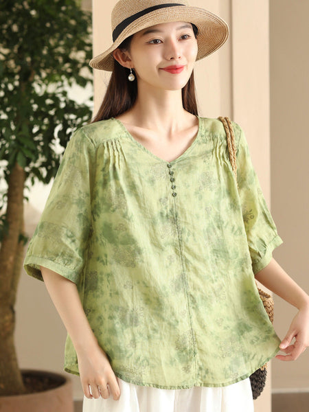 Women Summer Artsy Flower V-Neck Thin Ramie Shirt FD004 BUYKUD