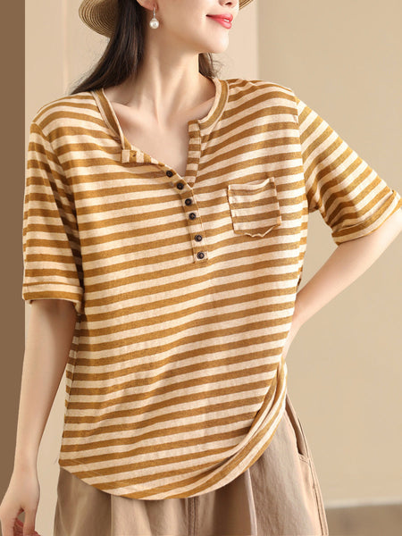 Women Sumer Casual Stripe V-Neck Button Shirt II1019 BUYKUD