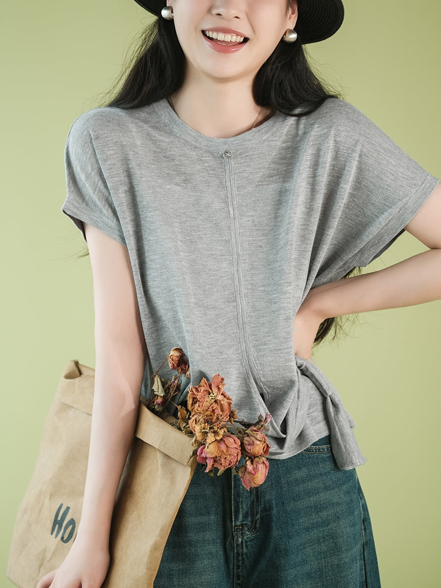 Women Summer Artsy Strap O-Neck Solid Shirt CX005 BUYKUD