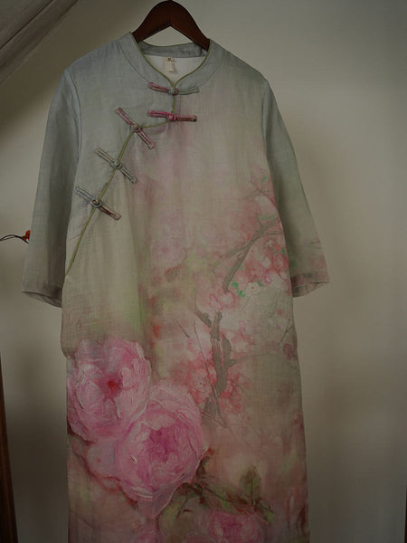 Women Artsy Flower Ramie Buckle Summer Dress XX1020 Ada Fashion