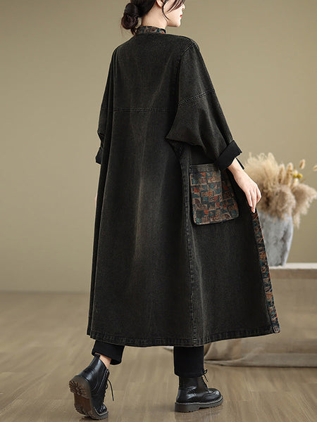 Women Autumn Worn Patch Colorblock Denim Coat AH1067 BK