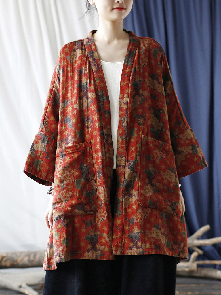 Women Ethnic Floral V-neck Pocket Cardigan Coat RR019 XIM