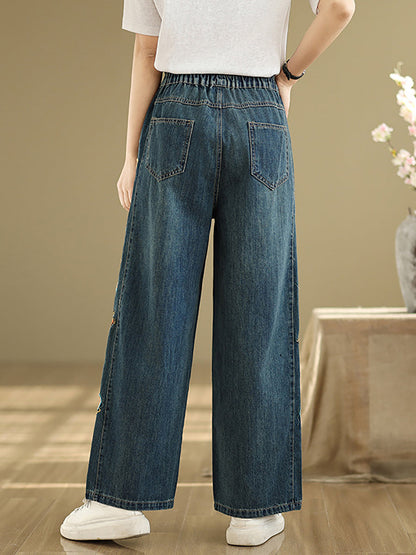Pants Embroidery Women Wide-leg Retro Denim FashionChic
