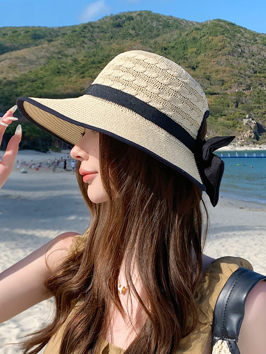 Women Summer Casual Straw Weave Bowknot Sunproof Hat CC038 BUYKUD
