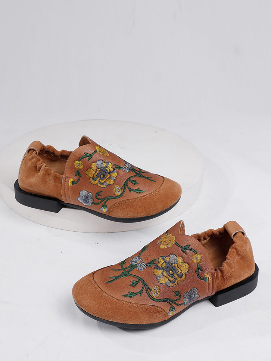 Women Ethnic Autumn Embroidery Leather Low Heel Shoes AI1020 QSLMY