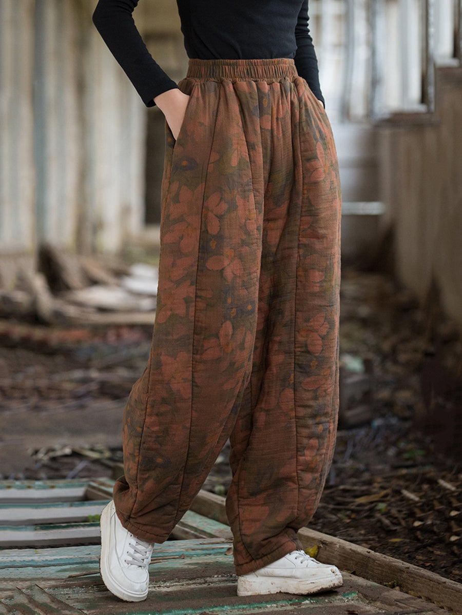 Women Winter Retro Flower Cotton Paaded Harem Pants WU003 BK