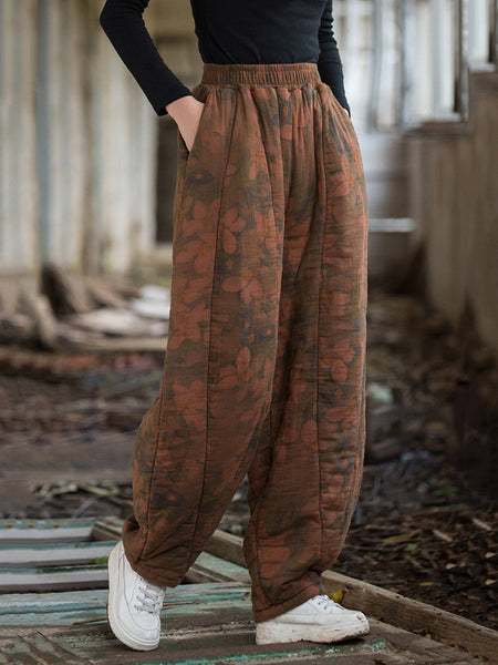 Women Winter Retro Flower Cotton Paaded Harem Pants WU003 BK