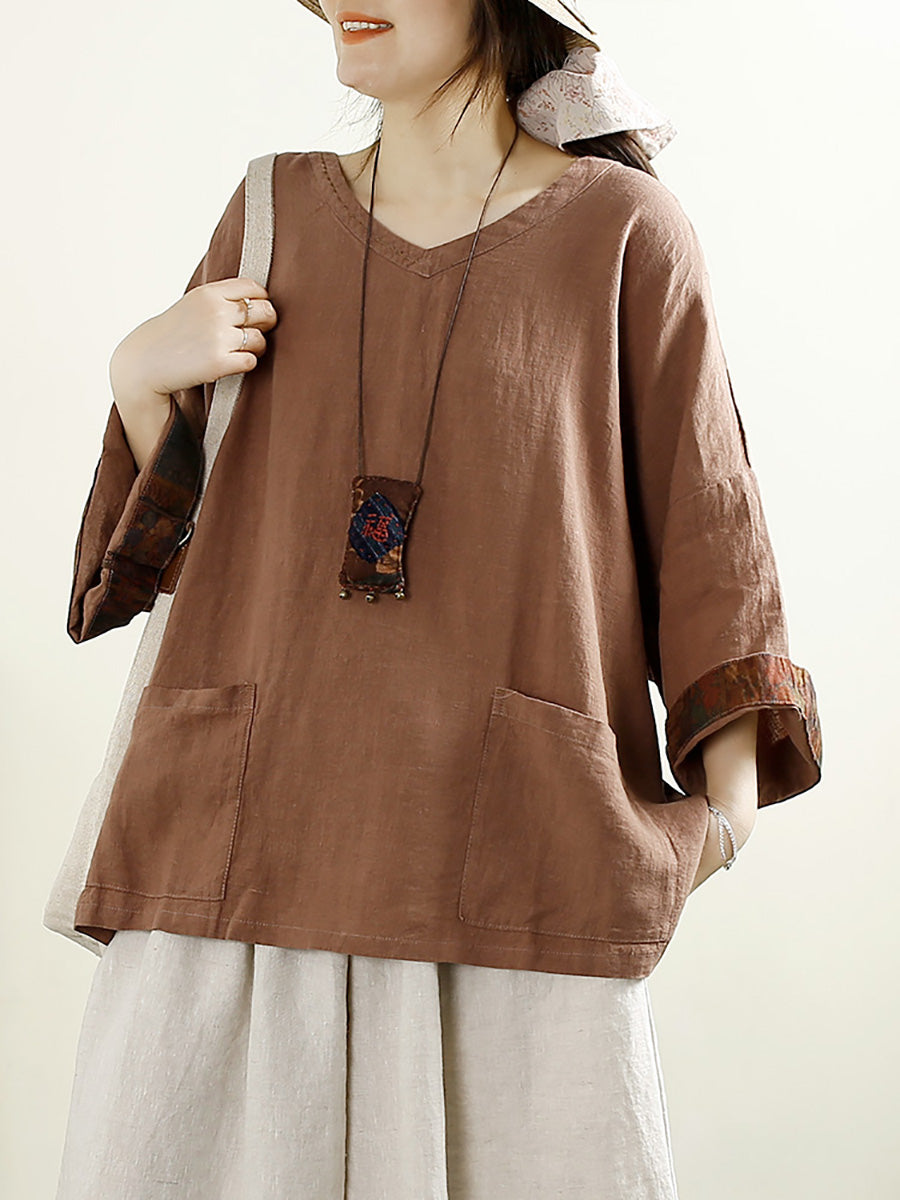 Plus Size Women Vintage Solid V-Neck 100%Linen Blouse AK1006 Genistyle Shop