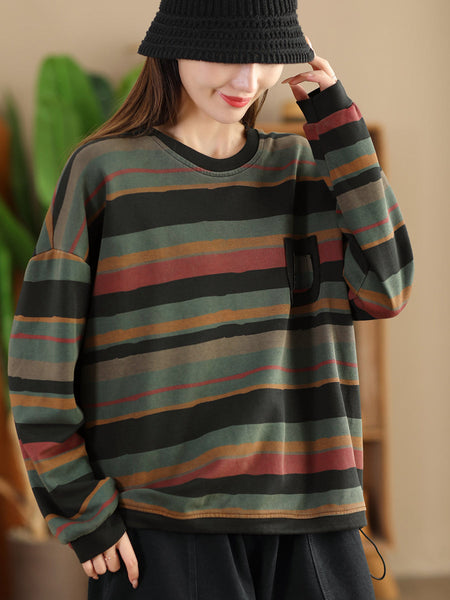 Women Casual Autumn Colorblock Stripe O-Neck Cotton Sweatshirt AI1027 YYMY