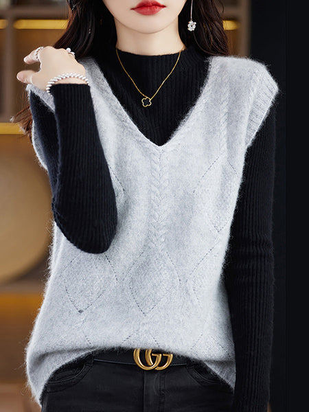 Women Casual Wool V-Neck Twist Knit Vest BA1045 Genistyle Shop