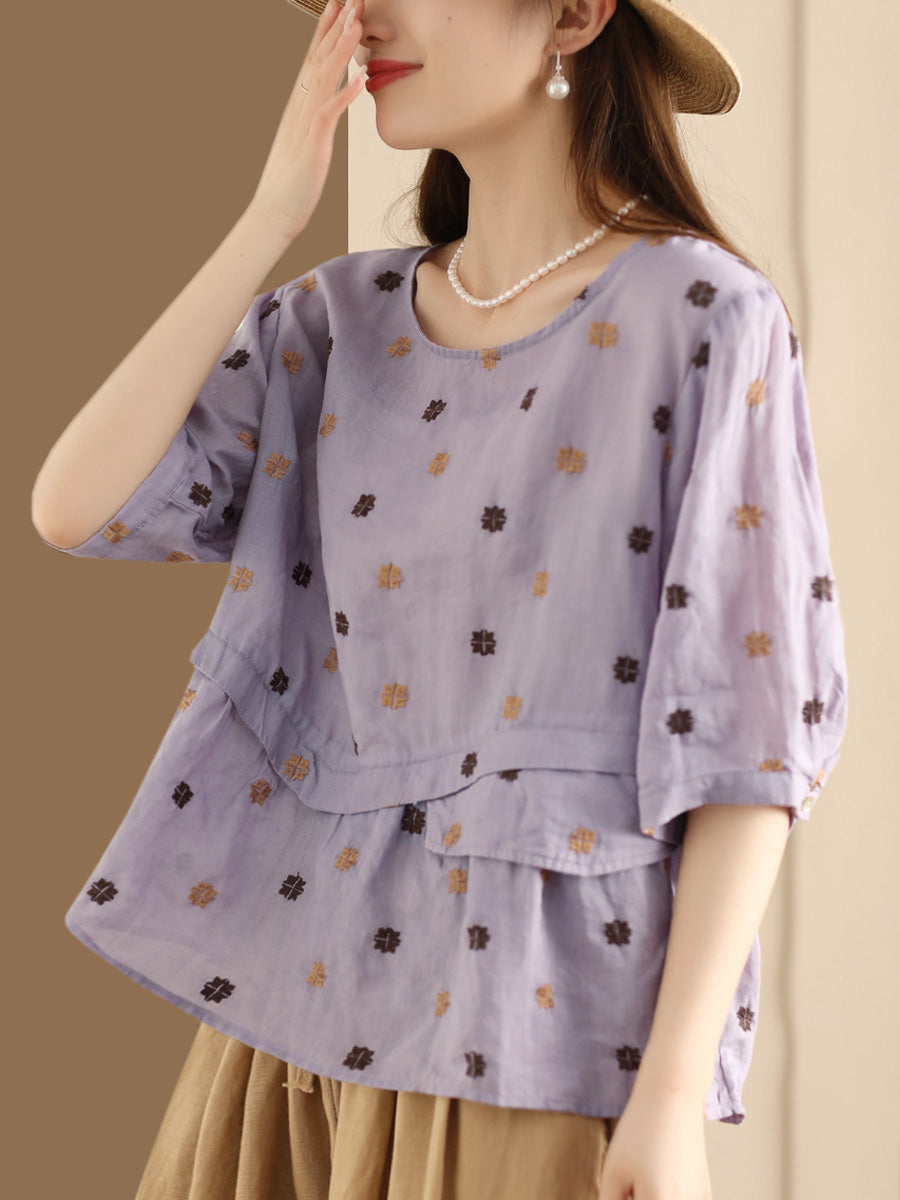 Women Summer Embroidery Spliced Ramie Loose Shirt XX1046 Ada Fashion