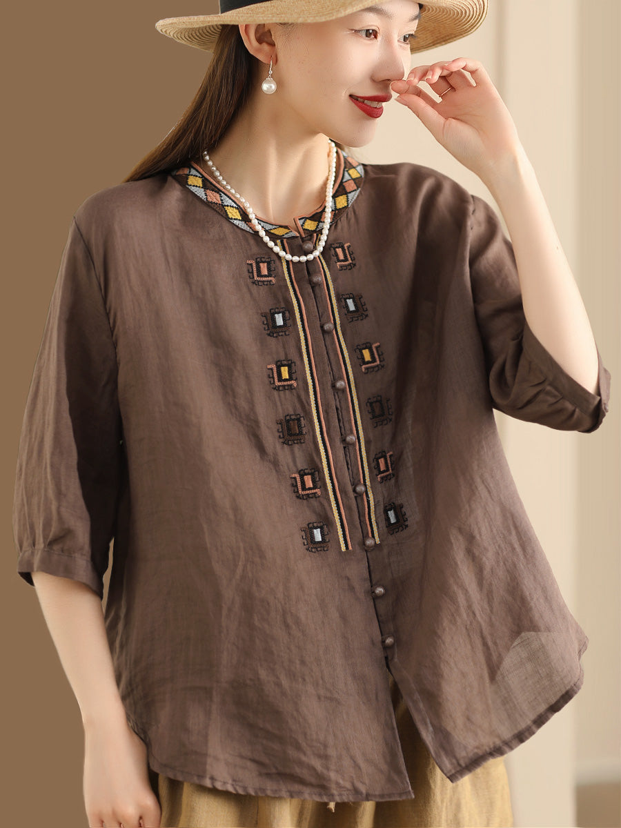 Women Summer Ethnic Embroidery Ramie Shirt ZZ1053 Ada Fashion