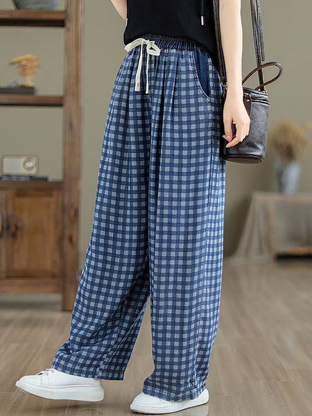 Women Summer Casual Plaid Wide-leg Cotton Pants OP1028 BUYKUD