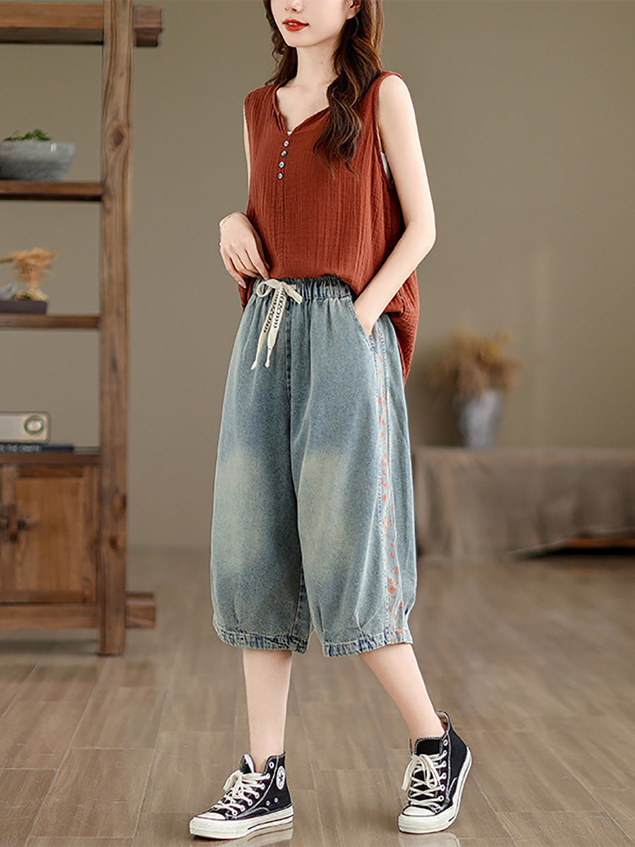 Women Summer Spliced Washed Denim Knee Length Pants OP1039 BUYKUD