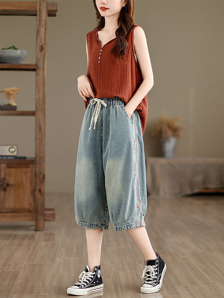 Women Summer Spliced Washed Denim Knee Length Pants OP1039 BUYKUD