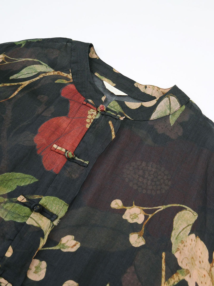 PLus Size Women Vintage Flower Print Ramie Spring Long Shirt AS1032 Ada Fashion