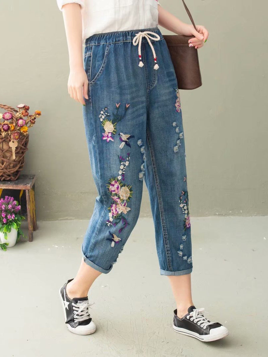 Women Summer Casual Flower Embroidery Denim Harem Pants IO1022 Ada Fashion