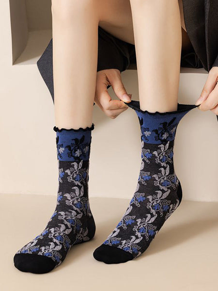 3 Pairs Women Autumn Flower Jacquard Colorblock Socks AH1023 BUYKUD