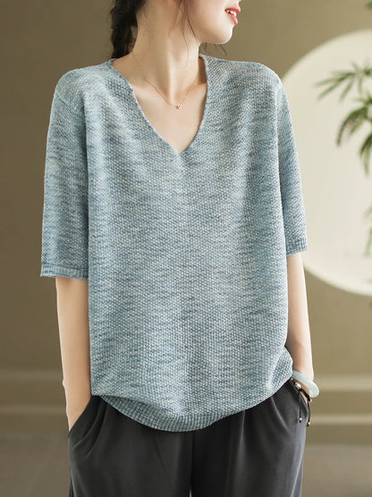 Women Summer Casual Knitted Linen V-Neck Shirt WE1029 Ada Fashion