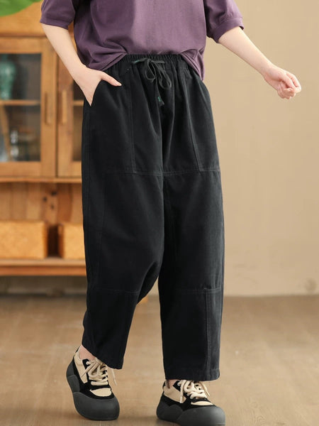 Women Autumn Vintage Solid Spliced Pocket Harem Pants AI1030 BUYKUD