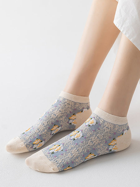 4 Pairs Women Summer Artsy Flower Jacquard Socks AS1009 Ada Fashion