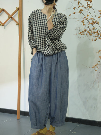 Women Summer Casual Plaid Linen Strap Shirt AS1064 Ada Fashion