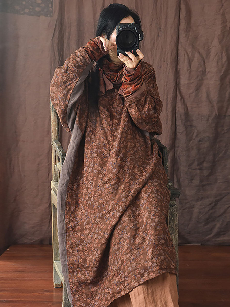 Women Autumn Vintage Floral Spliced Frog Loose Dress AI1042 QYMM