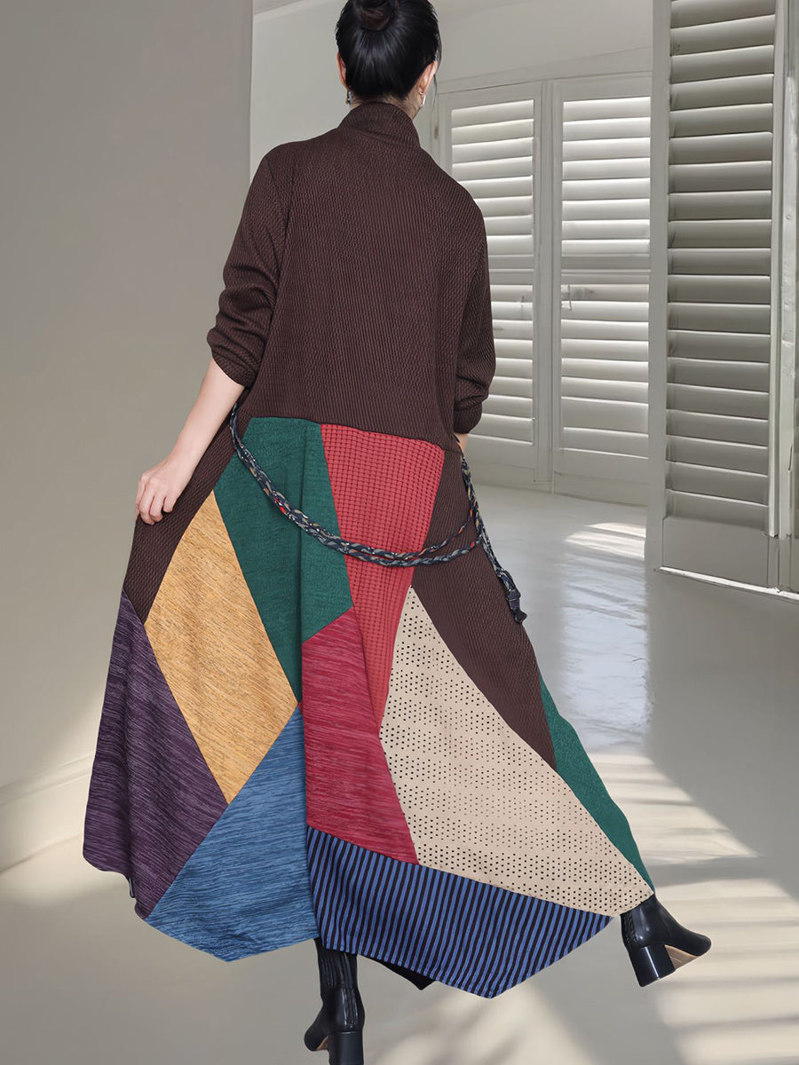 Women Autumn Colorblock Half Turtleneck Knit Dress QU011 BUYKUD