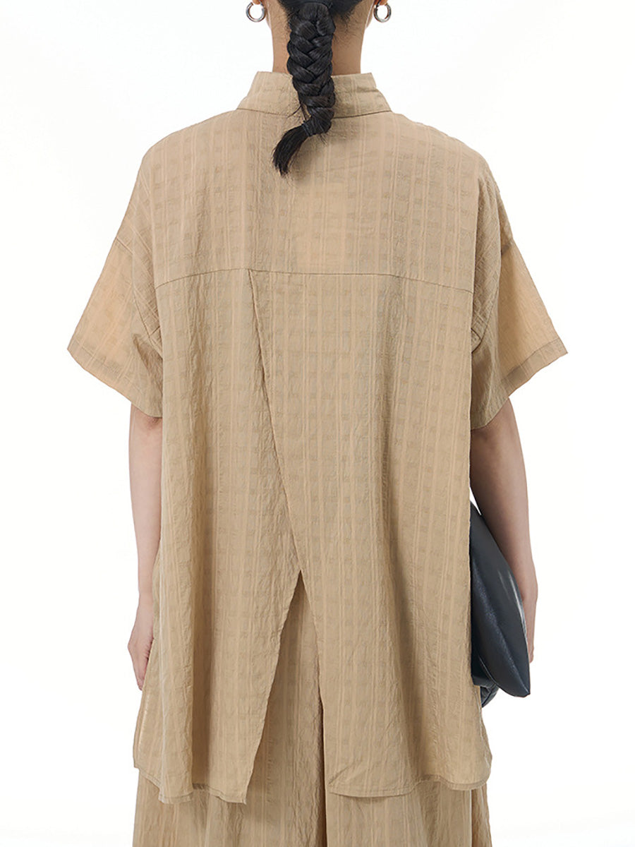 Women Summer Artsy Plaid Button-up Irregular Hem Shirt CX033 AYFZ