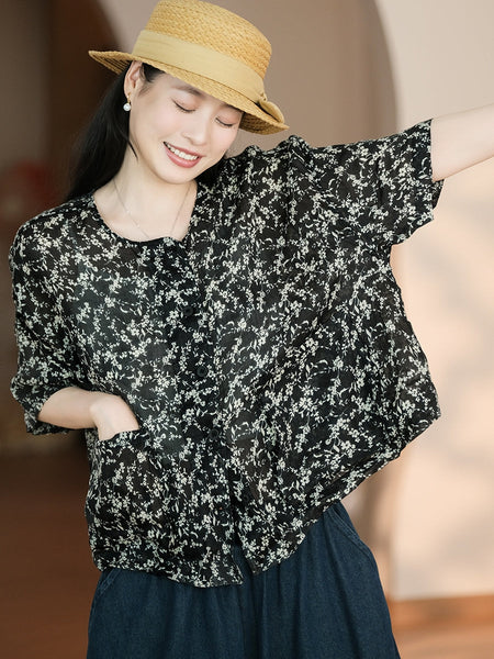 Women Summer Artsy Flower Button-up Pocket Ramie Shirt CC047 LPP