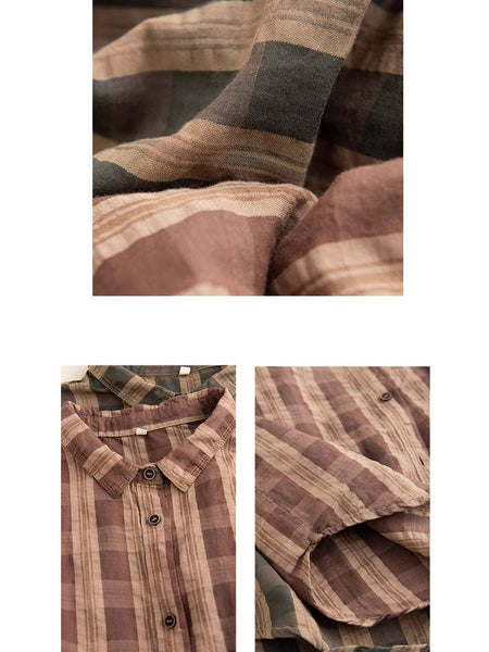 Women Autumn Vintage Plaid Button-up Linen Blouse AT1038 ZMMM