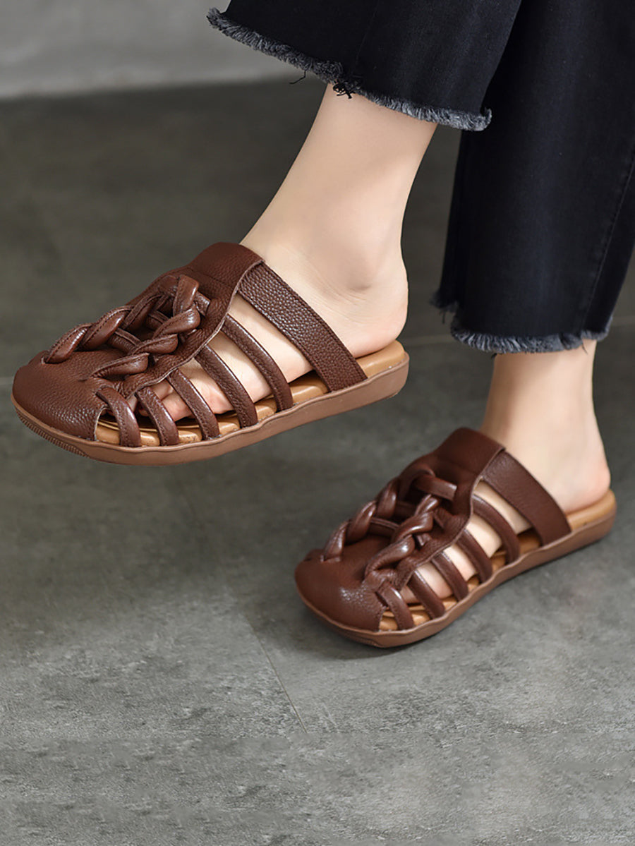 Women Summer Solid Leather Spliced Flat Slippers BN1002 Ada Fashion