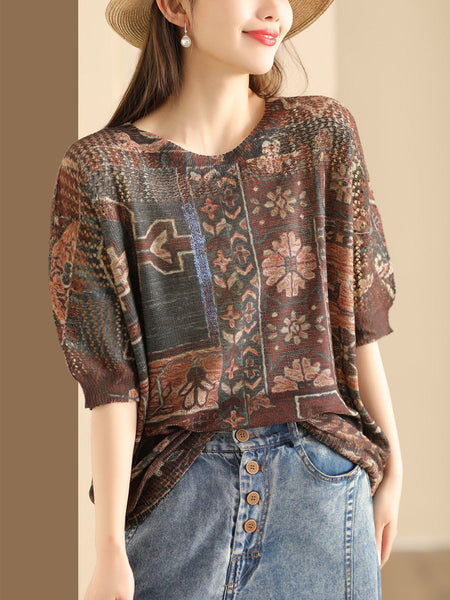 Women Summer Retro Knitted O-Neck Pullover Shirt SC1017 Ada Fashion