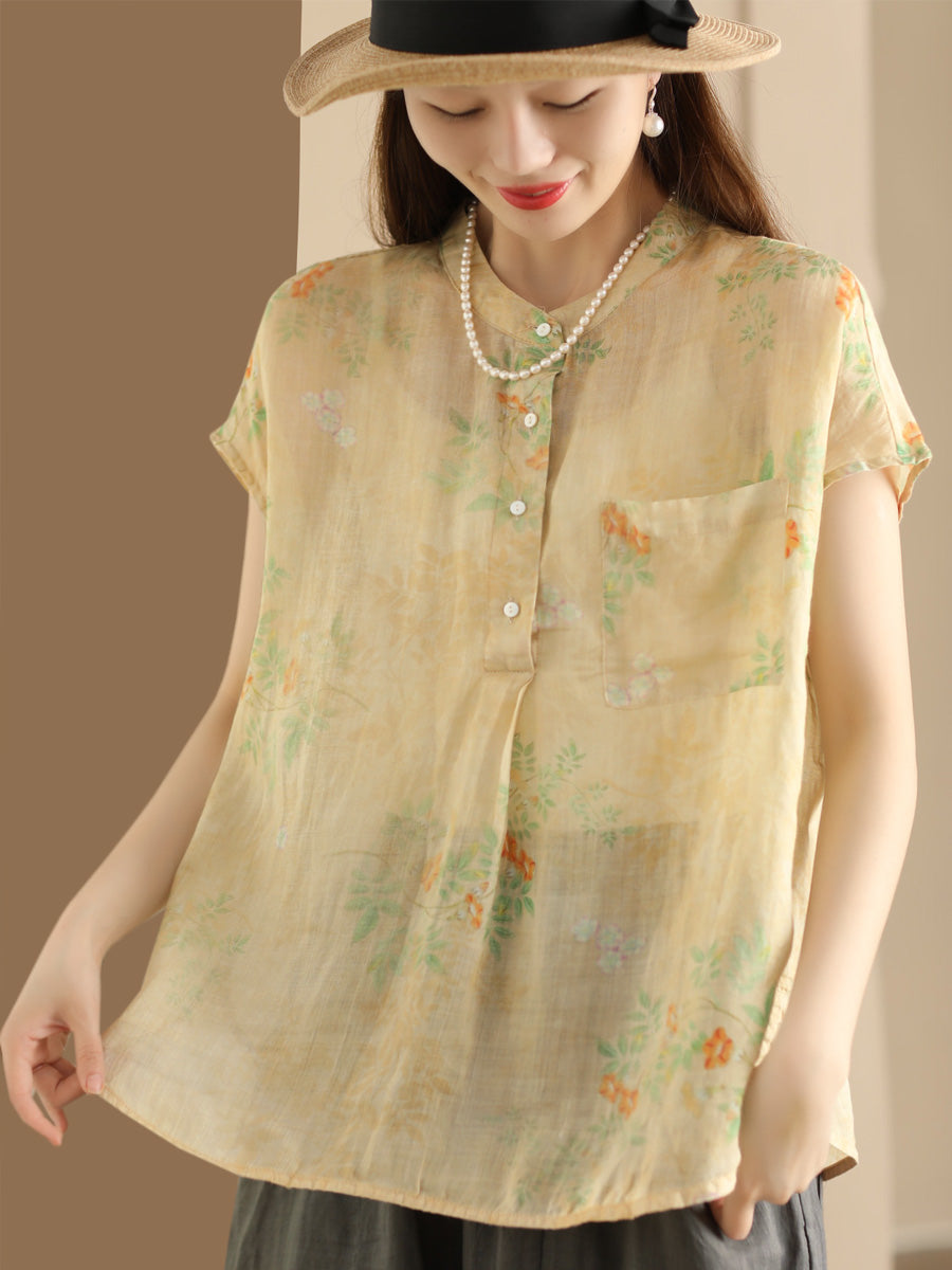 Women Summer Vintage Ramie Print Button-up Ramie Shirt OP1041 BUYKUD