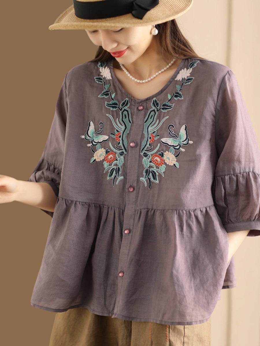 Women Ethnic Flower Embroidery Summer Ramie Shirt QW1015 Ada Fashion