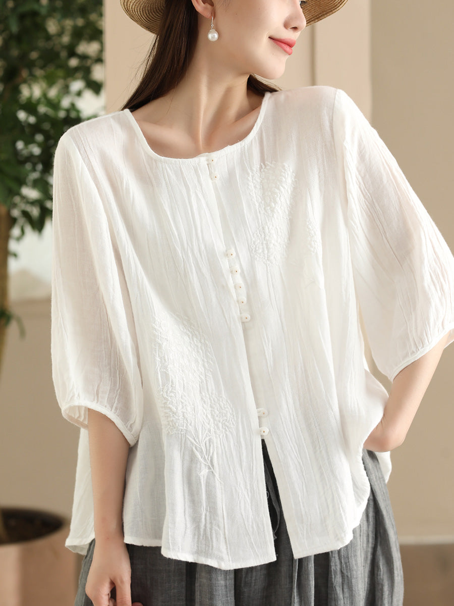 Women Summer Vintage Embroidery Solid Button Ramie Shirt FD012 JPFS